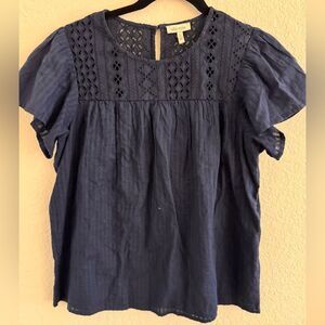 Ella Moss Blue Puff Sleeve Blouse with Bib Collar